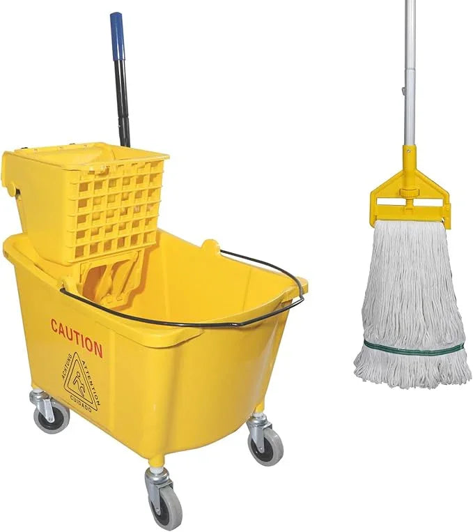 Commercial Mop Bucket with Side Press Wringer on Wheels, Including One Commercial Mop, 35 Quart, Yellow - NeatNest