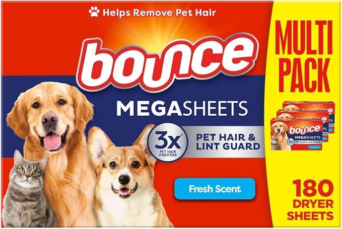 Bounce Pet Hair and Lint Guard Mega Dryer Sheets with 3X Pet Hair Fighters, Fresh Scent, 180 Count - NeatNest