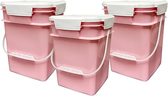 House Naturals 4 Gallon Square Food Grade Bucket Pail with Plastic Handles and Lid (Pack of 3) Made in USA containers (Pink - White lids) - NeatNest