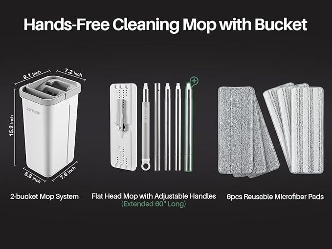 JOYMOOP Mop and Bucket with Wringer Set, Hands Free Flat Floor Mop and Bucket, 60" Mop with 6 Reusable Microfiber Pads, Wet and Dry Use, Floor Cleaning System - NeatNest
