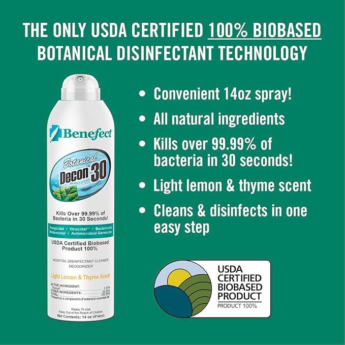 Benefect Botanical Decon 30 Disinfectant Cleaner, 14 oz. Ready-To-Use Spray, Hospital Grade Disinfectant, Kills Over 99.99% of Germs, Safe for Food-Contact Surfaces (Light Lemon & Thyme Scent) - NeatNest