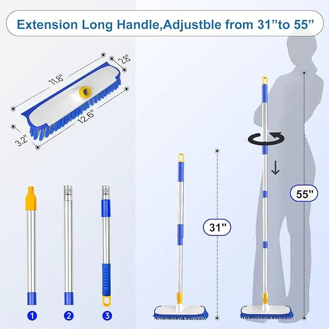 ITTAR 12" Wide Floor Scrub Brush with Long Handle, 2-in-1 Deck Cleaning Brush with 55" Extendable Pole, Heavy-Duty Tub Tile Scrubber Cleaner Brush for Shower Floor, Kitchen, Patio, Garage, Restaurant - NeatNest