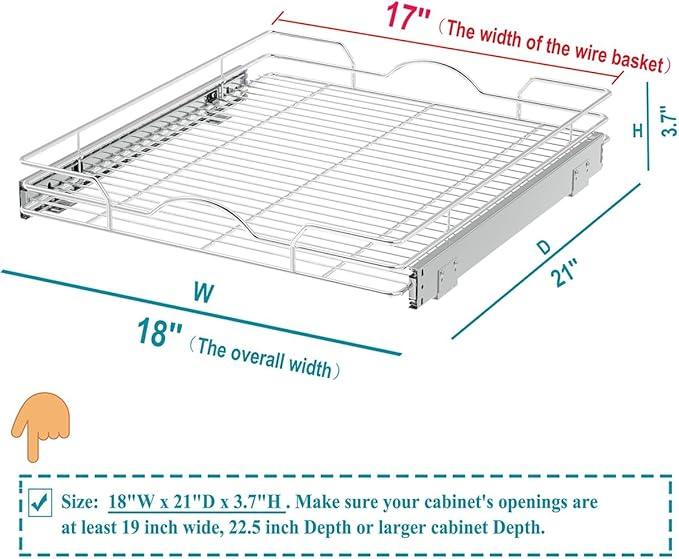 OCG Pull Out Cabinet Organizer (18" W x 21" D), Pull out Drawers, Cabinet Pull Out Shelves for Base Cabinet Organization in Kitchen Bathroom Pantry, Bottom Mount, Chrome Finish - NeatNest