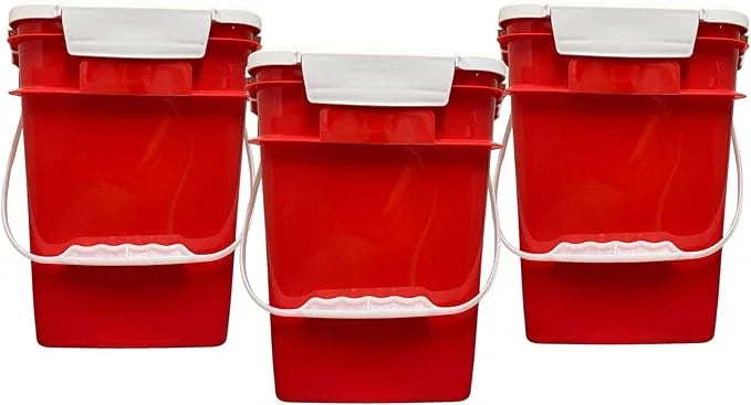 House Naturals 4 Gallon Square Food Grade Bucket Pail with Plastic Handles and Lid (Pack of 3) Made in USA containers (RED-White Lids) - NeatNest