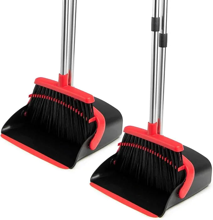 Broom and Dustpan Set with Long Handle, Heavy Dust Broom and Dustpan Combo for Home，Kitchen, Office, Pet Hair 2PCS (Black Red) - NeatNest