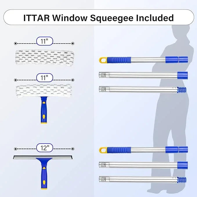ITTAR Window Squeegee with 2 Sets Stainless Steel Pole, Squeegee Cleaning Tools with Microfiber Pads, 60"-72" Telescopic Window Washing Kit, Professional Squeegee Cleaner for Home Car Outside Glass - NeatNest