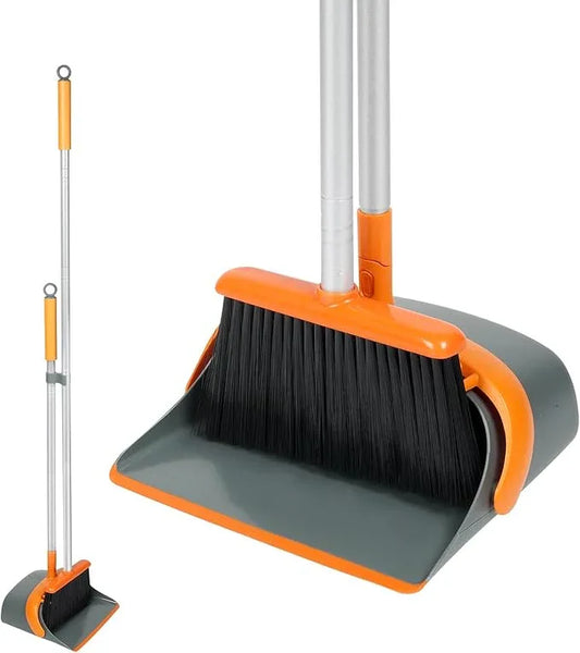 Broom and Dustpan Set with 54 Inch Long Handle - Perfect Dust Pan and Brush Combo for Home Efficient Cleaning (Orange and Grey) - NeatNest