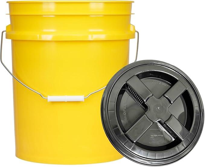 House Naturals 5 Gal Food Grade BPA Free Made in USA Yellow Plastic Buckets Premium 90 mil pails with Gasket Screw On Lids - Pack of 2 (Black lids) - NeatNest