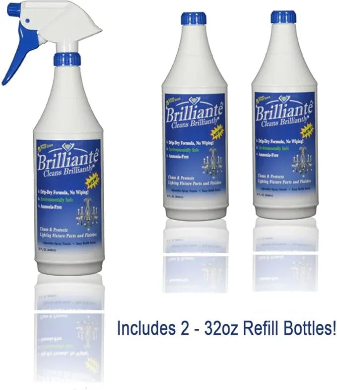 Brilliante Crystal Chandelier Cleaner - Manual Sprayer 32oz Environmentally Safe, Ammonia-free, Drip-dry Formula, Made in USA (3 Pack) - NeatNest