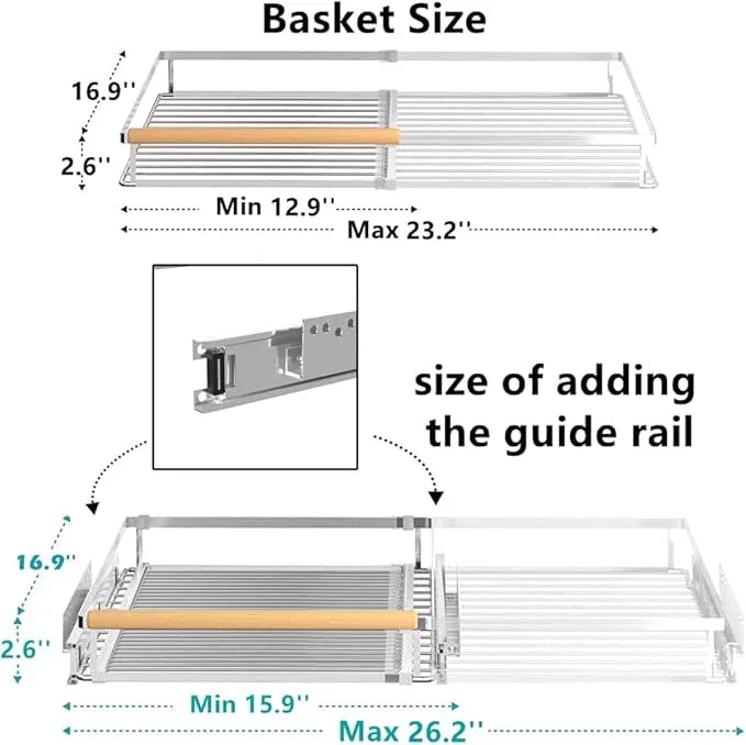 Pull Out Cabinet Shelf, Slide Out Cabinet Organizer Heavy Duty Under Sink, Anti Rust Kitchen Organizer Basket, Smooth Roll Expandable Sliding Drawer, 2 Pack Chrome 15.9''-26.2'' - NeatNest