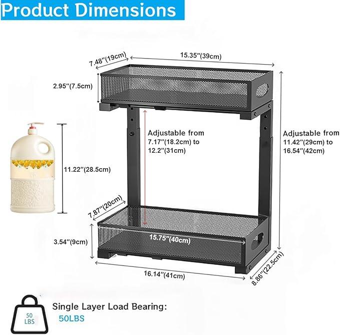 Under Sink Organizer, 2-Tier Pull Out Cabinet Organizer with Adjustable Height, Use in Kitchen Bathroom Cabinet and Countertop Storage, Black, 2-Pack - NeatNest