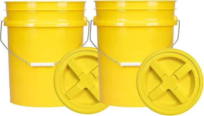 House Naturals 5 Gal Food Grade BPA Free Made in USA Yellow Plastic Buckets Premium 90 mil pails with Gasket Screw On Lids - Pack of 2 (Yellow Lids) - NeatNest