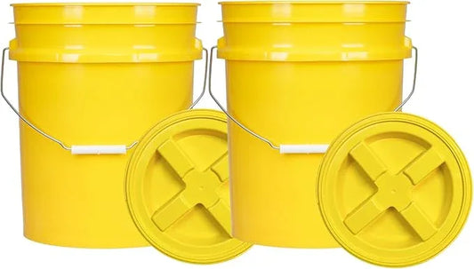 House Naturals 5 Gal Food Grade BPA Free Made in USA Yellow Plastic Buckets Premium 90 mil pails with Gasket Screw On Lids - Pack of 2 (Yellow Lids) - NeatNest