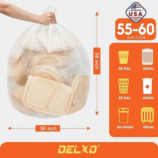 Delxo 55-60 Gallon Trash Bags, 100 Count – 0.9 Mil Medium Duty Garbage Bags, Durable & Puncture-Resistant Plastic Bolsas para basura, Perforated Design– Made in USA for Kitchen, Yard, Office (Clear) - NeatNest