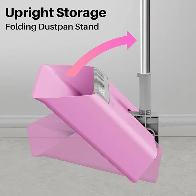 JOYMOOP Pink Broom and Dustpan Set with 56” Handle, Upright Angle with Built-in Comb Teeth for Hardwood Floors and Pet Hair - NeatNest