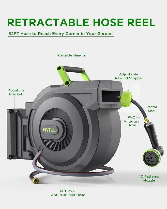 Retractable Garden Hose Reel, 5/8 Inch x 82 ft + 6 ft Wall Mounted Water Hose Reel with Auto Slow Rewind System, 10-Pattern Nozzle, Any Length Lock, 180° Swivel Bracket, Ideal for Easy Watering - NeatNest