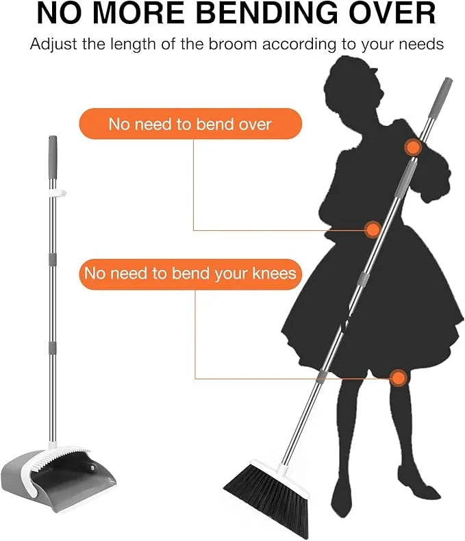 NACENA Broom and Dustpan Set, 52-in Long Adjustable Handle Broom Dustpan Combo with Dustpan Teeth to Automatically Clean Hair Suitable for Home Kitchen Office Hall Floor (Grey&White), 4 Pack - NeatNest