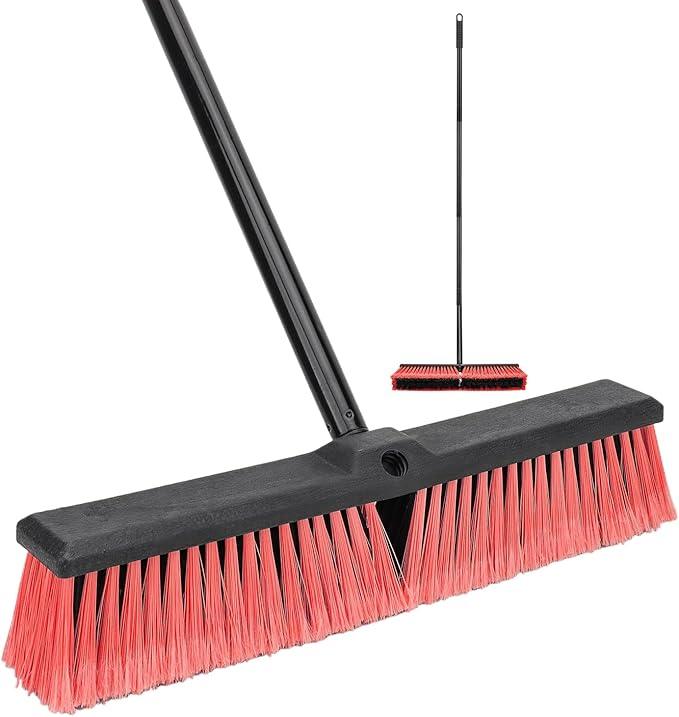 18 Inches Push Broom Outdoor- Heavy Duty Commercial Broom with 64.5" Long Handle and Stiff Bristles for Patio Garage Deck Concrete Wood Stone Tile Driveway Yard Warehouse Shop Floor Cleaning - NeatNest