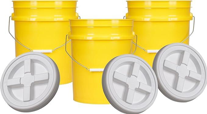 House Naturals 5 Gallon Plastic Yellow Food Grade Made in USA Bucket Pail with Double Gasket Screw on Lid (Pack of 3) (Yellow and White lids) - NeatNest