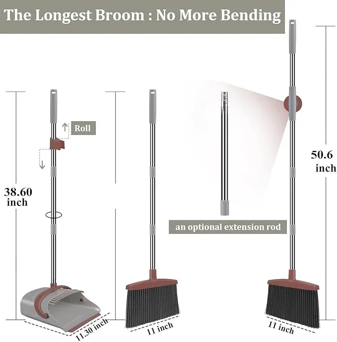 Ivandar Broom with Dustpan Combo Set, 50.6 inch Long Handle, Upright Standing Broom and Dustpan Set Quiet Cleaning Tool Sweep The Floor Dust pan Removes 4 Times More Pet Hair(Brown and Gray) - NeatNest