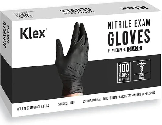 Klex Nitrile Exam Gloves - Medical Grade, Powder & Latex Free, Food Safe, Black, 100, 1000 Count, S, M, L, XL - NeatNest