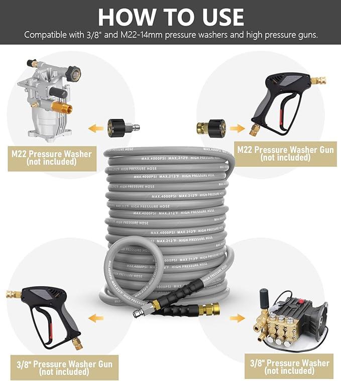 Pressure Washer Hose 50FT 4000 PSI, Kink Resistant Steel Braided Layer & NonMarking Rubber for Hot/Cold Water, High Power Washer Hose With 3/8 Inch Quick Connect & M22 Fitting, Gray - NeatNest