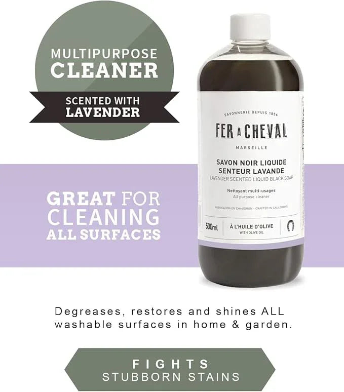 Fer à Cheval All Purpose Cleaner, Liquid Black Soap with Olive Oil, Multipurpose Natural Cleaner, Multi-Concentrated Detergent, 500ml/16.91 fl oz (Lavender) - NeatNest