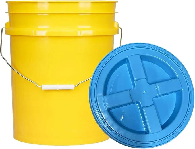 House Naturals 5 Gallon Plastic Yellow Food Grade BPA Free Made in USA Bucket Pail with Air Tight Double Gasket Screw on Lid(Pack of 3) (Yellow and Aqua lids) - NeatNest