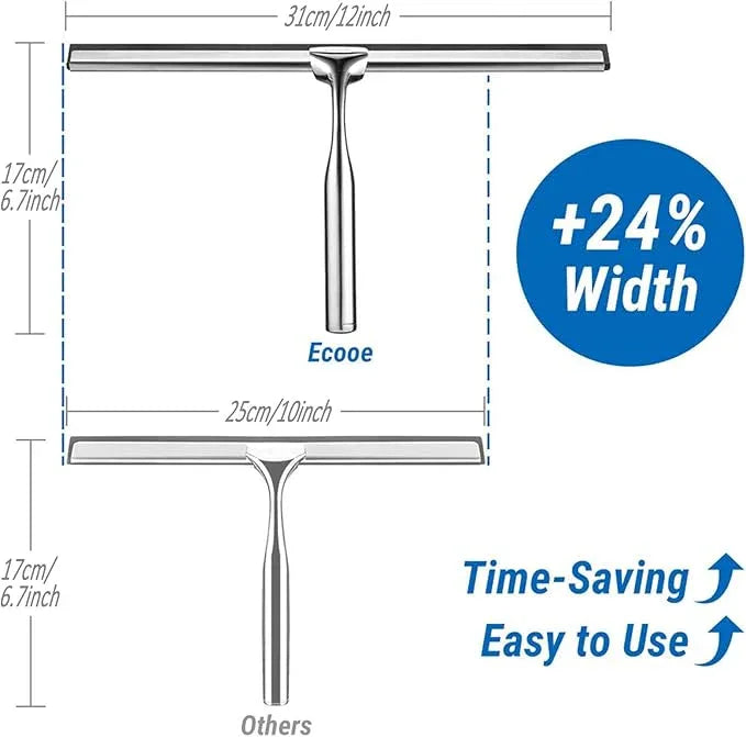 ecooe Stainless Steel Shower Squeegee with Hook, 12″ Shower Glass Cleaner Wiper Scraper with 2 Replacement Blade Window Squeegee for Home Bathroom Kitchen Car Glass Doors - NeatNest