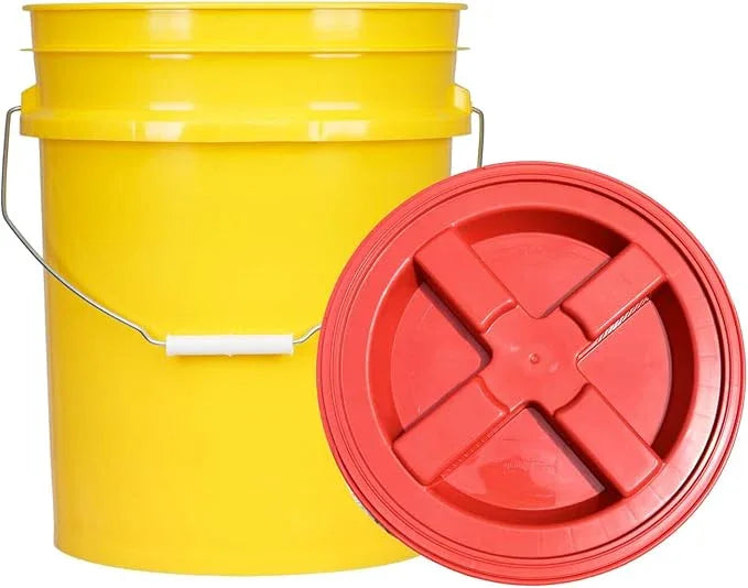 House Naturals 5 Gal Food Grade BPA Free Made in USA Yellow Plastic Buckets Premium 90 mil pails with Gasket Screw On Lids - Pack of 2 (Red Lids) - NeatNest