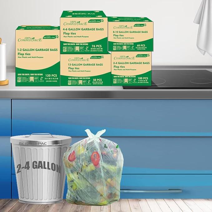 3 Gallon Flap Tie Compostable Trash Bags, 300 Count Small Compost Bags, Biodegradable Kitchen Garbage Bags, Food Scrap Waste Bags for Countertop Bin, ASTM D6400, US BPI Certified - NeatNest