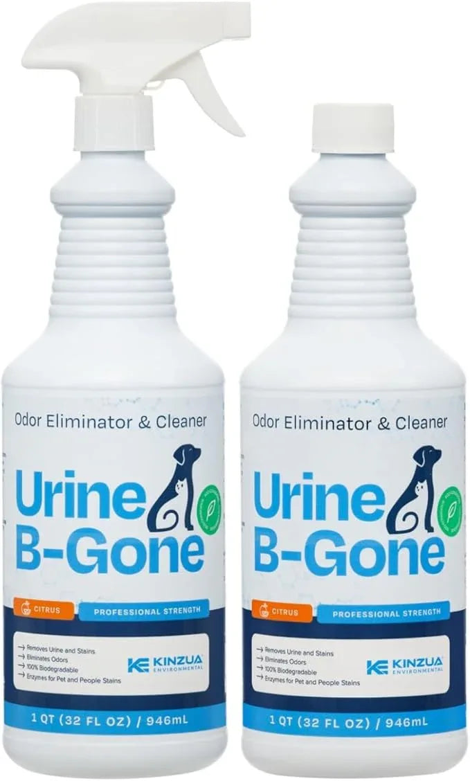 KINZUA ENVIRONMENTAL Urine B-Gone, Professional Enzyme Odor Eliminator & Pet Stain Remover, Human, Cat & Dog Urine Cleaner, Effective on Laundry, Carpets & More, Citrus Scent, 32oz, Pack of Two - NeatNest