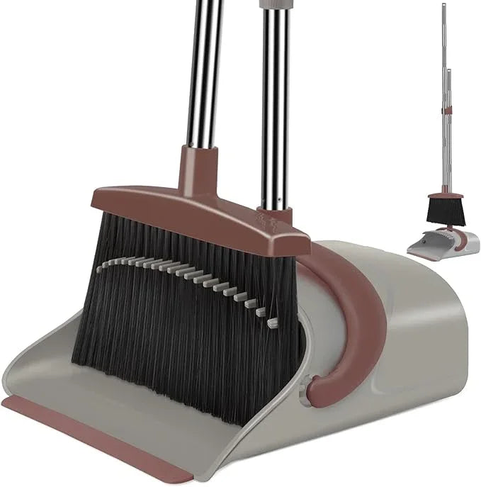 Ivandar Broom with Dustpan Combo Set, 50.6 inch Long Handle, Upright Standing Broom and Dustpan Set Quiet Cleaning Tool Sweep The Floor Dust pan Removes 4 Times More Pet Hair(Brown and Gray) - NeatNest