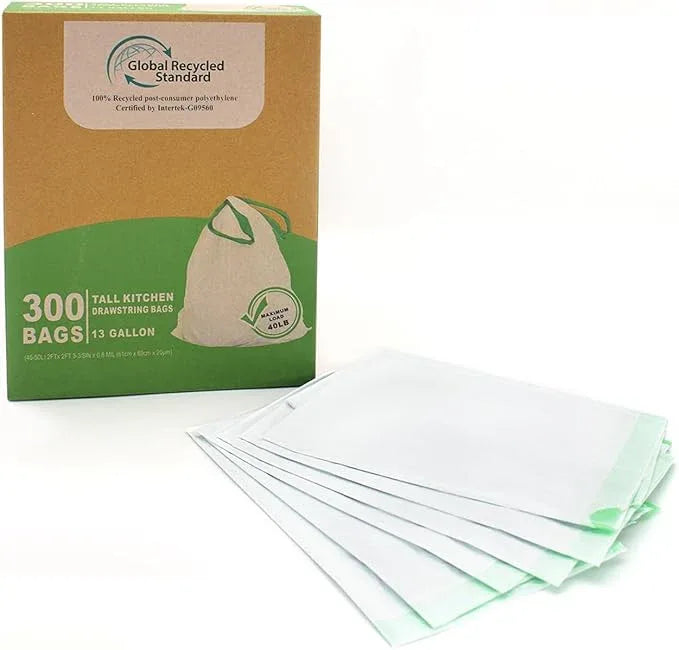 TYPLASTICS 300 Count 13 Gallon Tall Kitchen Drawstring Trash Bags, GRS Compliant, Eco-Friendly Recycled Material - NeatNest