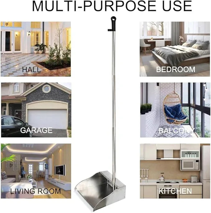 Metal Dustpan Long Handle Stainless Steel Dustpan,Heavy Duty Standing Dust Pan with Teeth, Indoor Outdoor Up for Home Kitchen Lobby Room Office - NeatNest