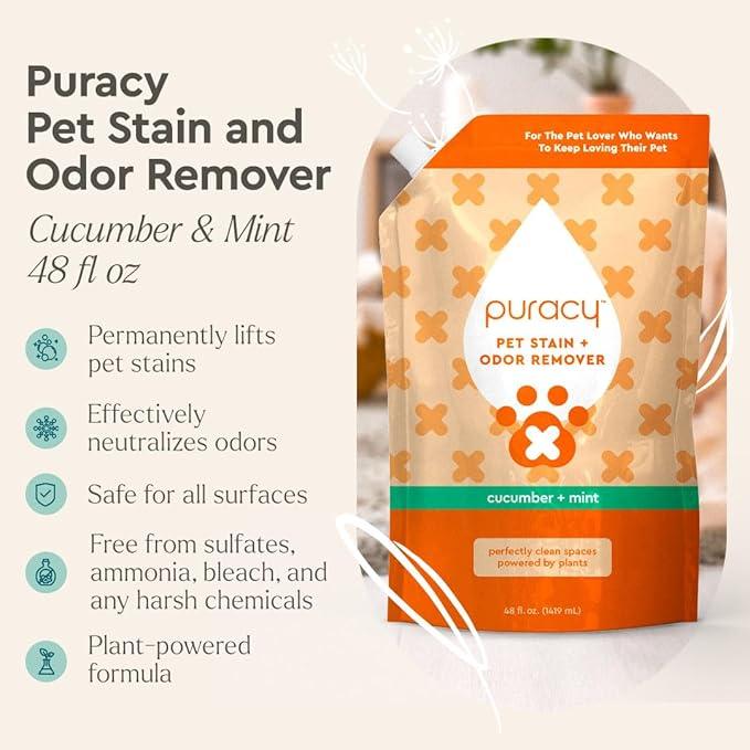 Puracy Pet Stain and Odor Remover - Enzyme Cleaner for Dog Urine and Poop Carpet - Cat Pee Enzyme Cleaner for Cat Urine - Cucumber & Mint, 48oz - NeatNest