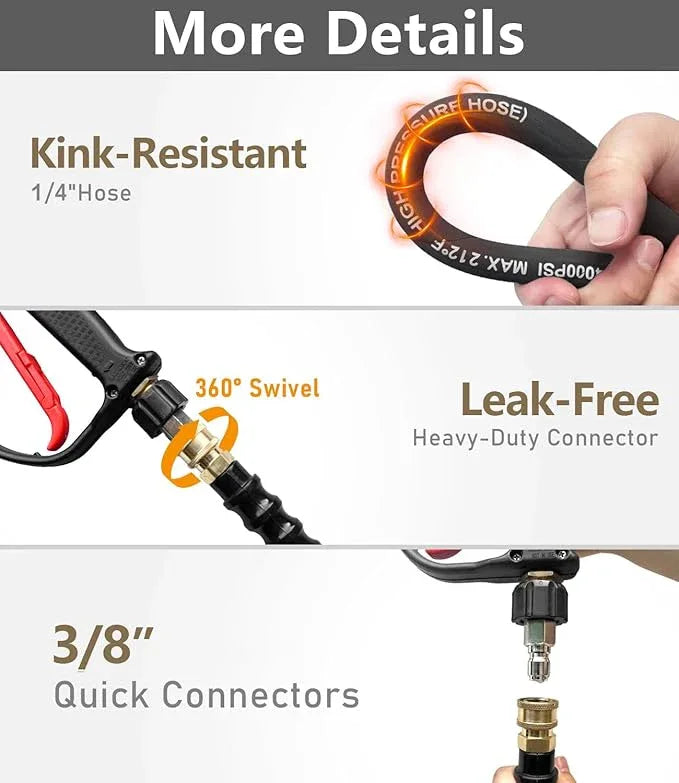 Pressure Washer Hose 200FT 4000 PSI, Kink Resistant Steel Braided Layer & NonMarking Rubber for Hot/Cold Water, High Power Washer Hose With 3/8 Inch Quick Connect & M22 Fitting, Black - NeatNest