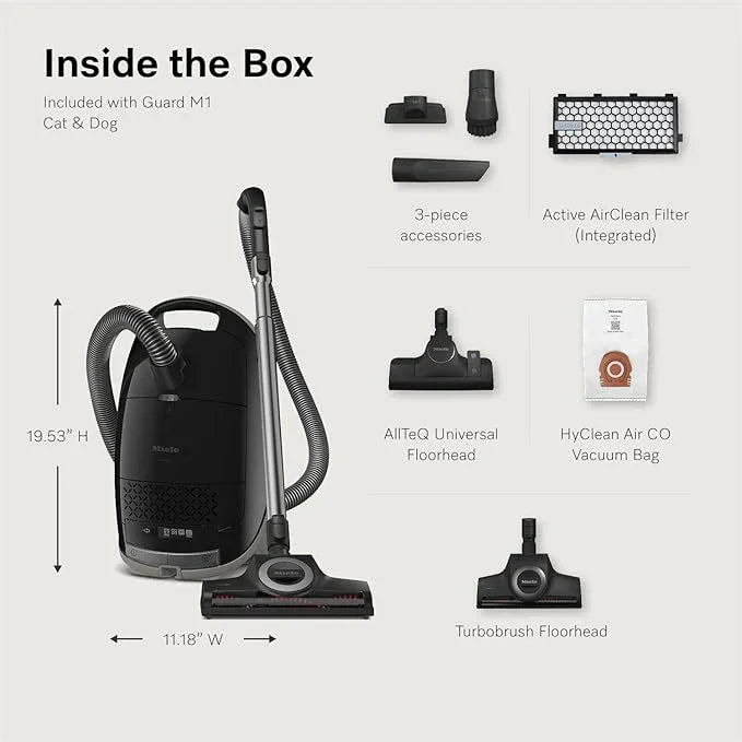 Miele New Guard M1 Cat & Dog Bagged Canister Vacuum for Pet Owners with Odor-Reducing Active AirClean Filter, TurboTeQ Floorhead, and AllTeQ Universal Floorhead, in Obsidian Black/Space Grey - NeatNest