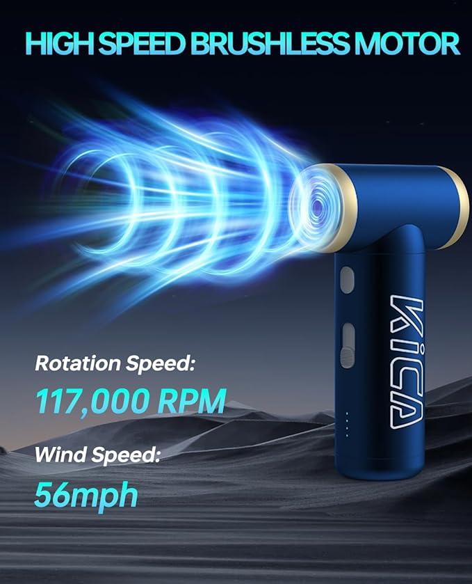 KiCA Electric Air Duster - Jet Fan 2S Rechargeable Air Duster, 117000RPM Brushless Motor, Metal Shell, 56 MPH Wind Speed, Jet Dry Blower for Keyboard, PC, Car & Home Cleaning (Blue) - NeatNest