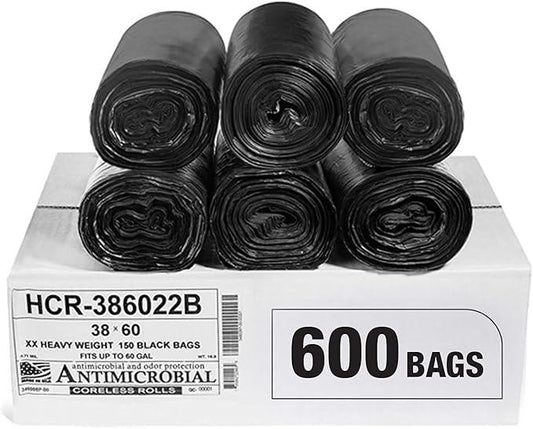 Aluf Plastics High Density Trash Bags, 60 Gallon, 600 Count, 22 Micron (eq), 38" x 60", Black, for Bathroom, Office, Industrial, Commercial, Janitorial, Municipal, Recycling - NeatNest
