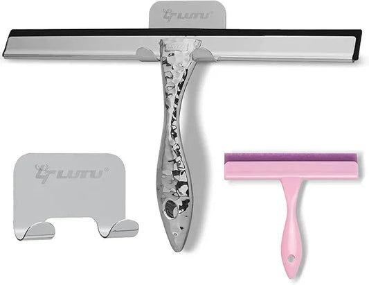 2-Pack Shower Squeegee for Glass Doors, 10 inch Silver Stainless Steel & 5 inch Pink Mini with 2 Hooks, Non-Slip Hammered Handle, Silicone Wiper for Shower, Bathroom, Tile and Mirror - NeatNest
