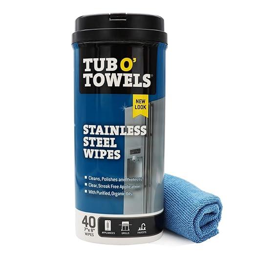 Tub O' Towels Heavy Duty Stainless Steel Cleaner Wipes, 40 Count, with 12” x 12: Micro Fiber Cloth - NeatNest