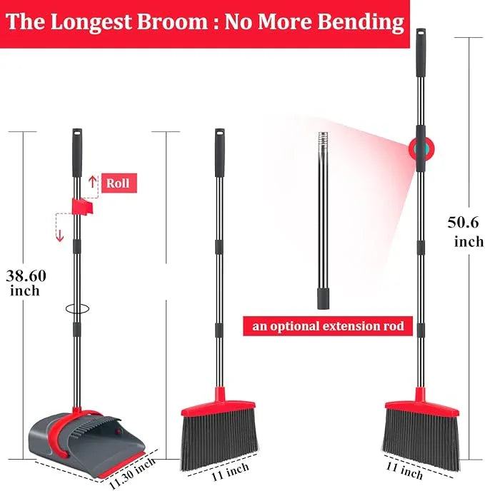Broom and Dustpan Set,Broom with Dustpan Combo Set Dust pan with Long Handle, for Home Kitchen Room Office Lobby Floor Use Upright Stand Up(Gray&Red) - NeatNest