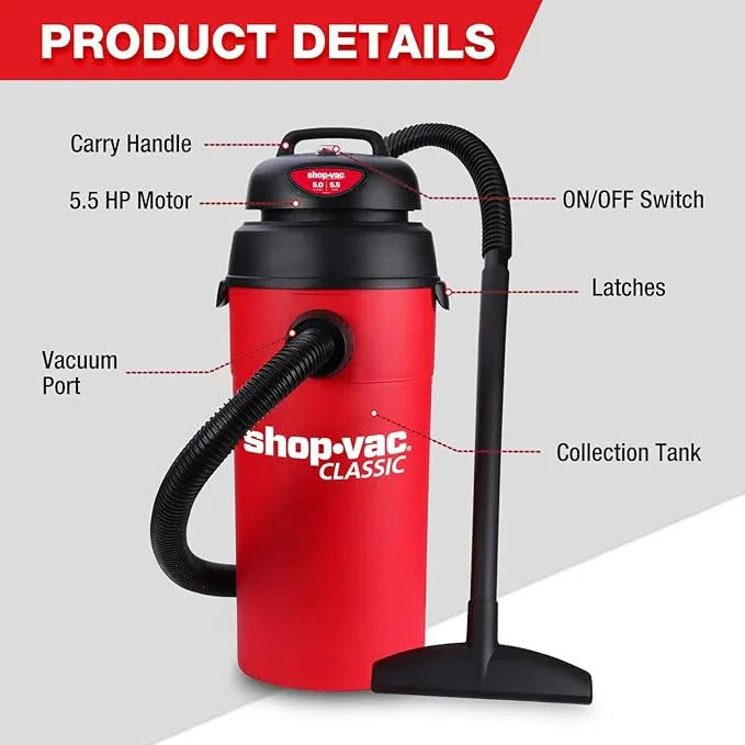 Shop-Vac 5 Gallon 5.5 Peak HP Wet/Dry Vacuum, Wall Mountable Compact Shop Vacuum with 18+7Ft Long Hose & Attachments, Ideal for Jobsite, Garage, Car & Workshop. 9522236 - NeatNest