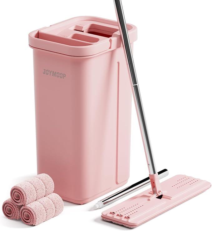 JOYMOOP Pink Mop and Bucket with Wringer Set for Home, with 3 Reusable Microfiber Mop Pads, Hands-Free Self-Cleaning System, Suitable for Floor Cleaning and Wall Cleaner - NeatNest
