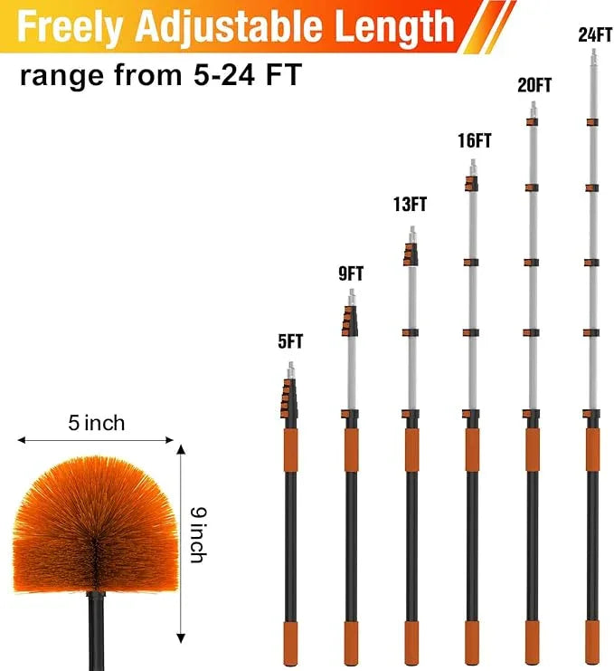 24FT (30FT Reach) Cobweb Duster with Extension Pole, Spider Web Brush for Cleaning Extendable, Professional Ceiling and Corner Dusters for Outdoor Indoor Use - NeatNest