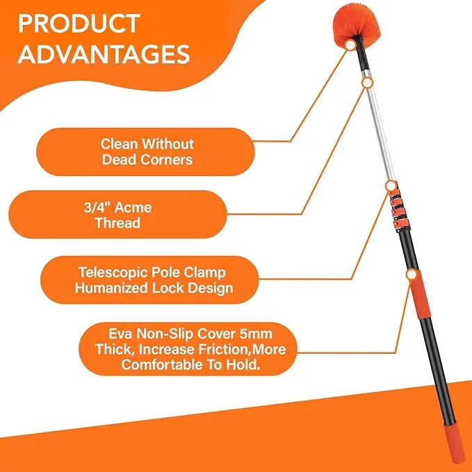 30FT Cobweb Duster with Extension Pole - High Reach Duster for High Ceilings & Outdoor Use - Telescoping Pole 5-24 Ft, Soft Bristles Cobweb Cleaner - 3/4" Acme Universal Thread - NeatNest