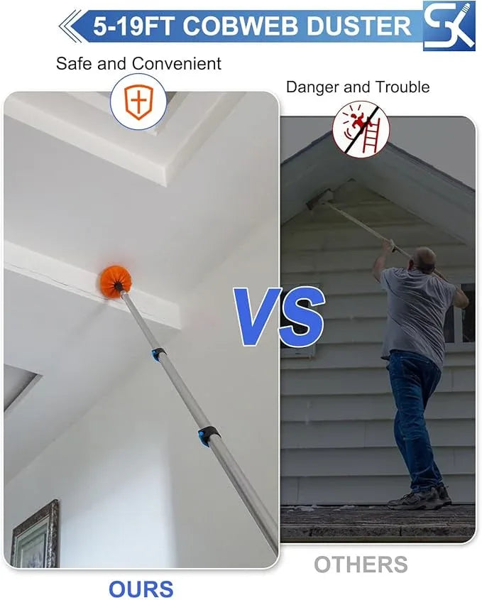 26FT Reach Cobweb Duster, Outdoor Spider Web Cleaner Brush with 5-20FT Telescoping Extension Pole, Aluminium Heavy Duty, Medium Stiff Bristles Spider Web Brush for Outdoor & Indoor Cleaning - NeatNest