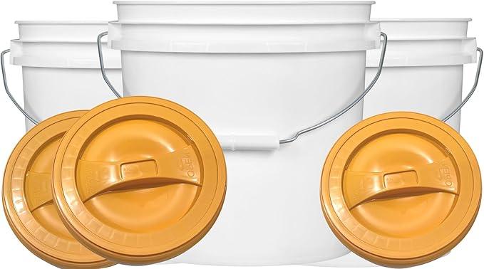 House Naturals 2 Gallon White Bucket with Screw on Lid - Pack of 3 Made in USA contrainers (White Buckets with Orange Lids) - NeatNest