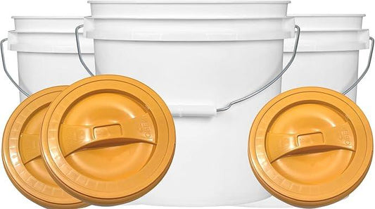House Naturals 2 Gallon White Bucket with Screw on Lid - Pack of 3 Made in USA contrainers (White Buckets with Orange Lids) - NeatNest